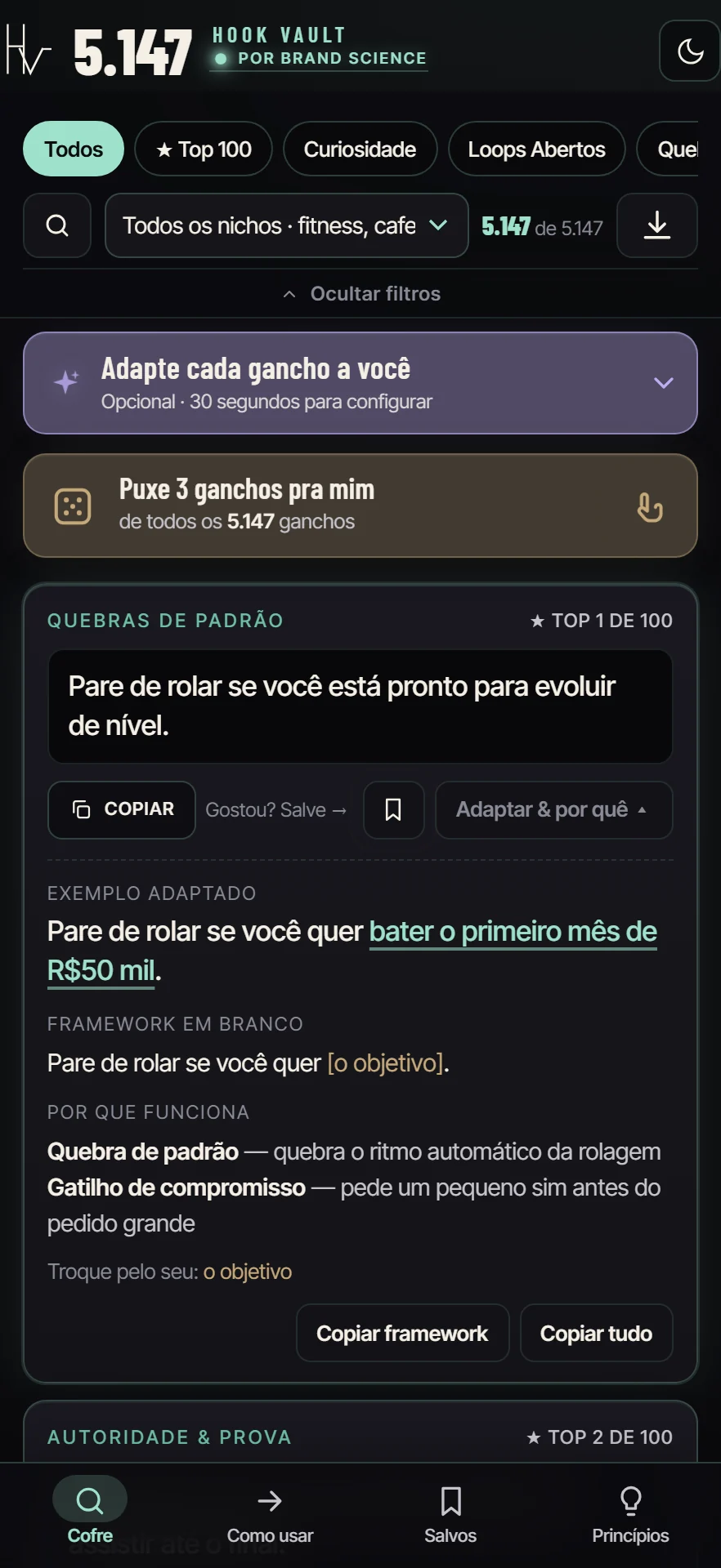 O app Hook Vault aberto num celular: um gancho com seu exemplo adaptado, o framework em branco e os princípios que o fazem funcionar.